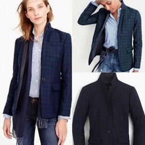 J. Crew Regent 100% Wool Navy and Green Plaid Blazer With Black Satin Collar